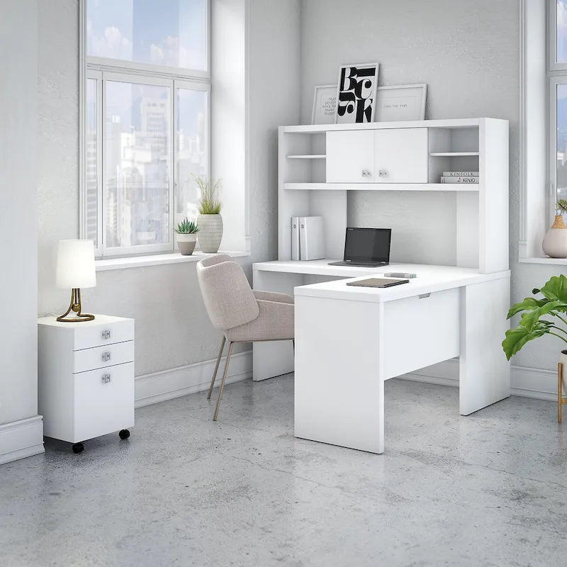 Bureau en L avec huche et tiroirs