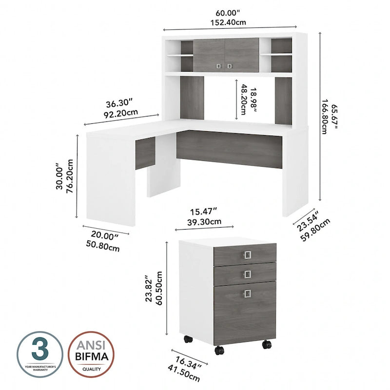 Bureau en L avec huche et tiroirs