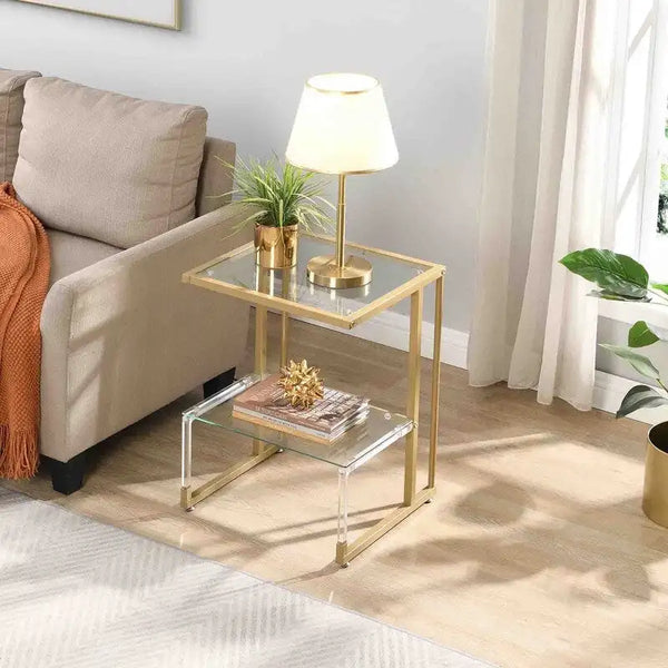 Table d'appoint contemporaine à 2 niveaux pour canapé avec étagères en verre trempé et cadre en métal