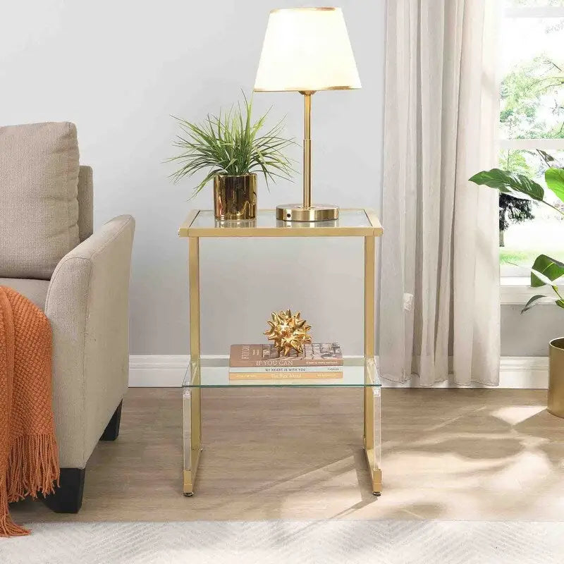 Table d'appoint contemporaine à 2 niveaux pour canapé avec étagères en verre trempé et cadre en métal