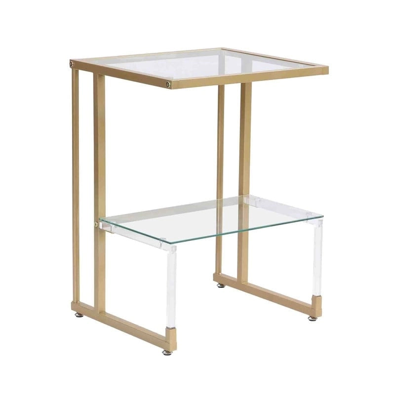 Table d'appoint contemporaine à 2 niveaux pour canapé avec étagères en verre trempé et cadre en métal