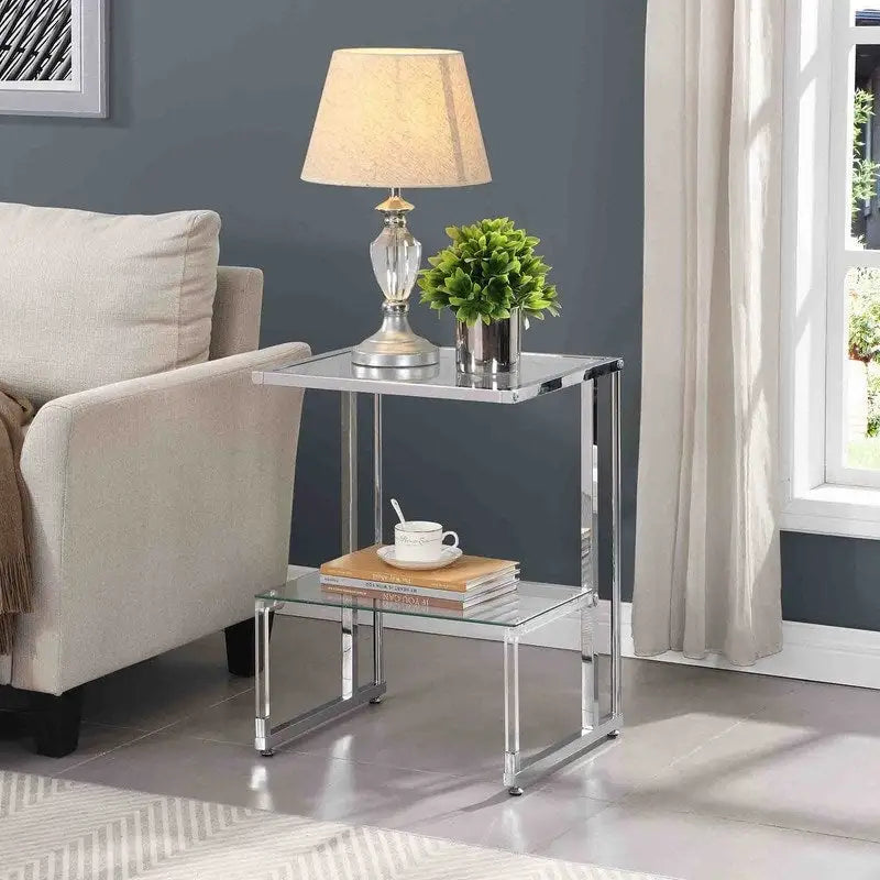 Table d'appoint contemporaine à 2 niveaux pour canapé avec étagères en verre trempé et cadre en métal