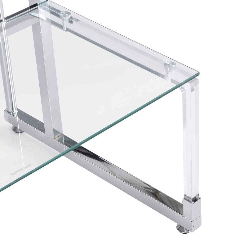 Table d'appoint contemporaine à 2 niveaux pour canapé avec étagères en verre trempé et cadre en métal