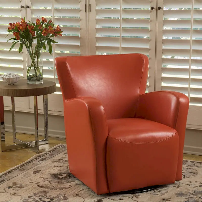Fauteuil décoratif pivotant à dossier ailé en cuir contrecollé