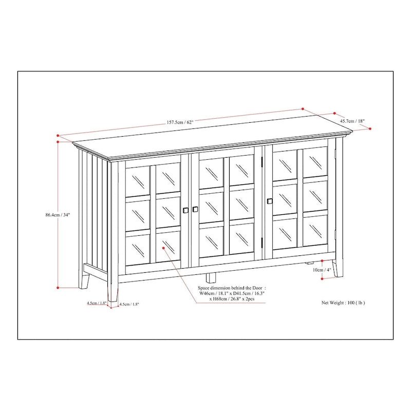 Meuble de rangement transitionnel large en BOIS MASSIF de 62 pouces - 62 l x 18 p x 34 h