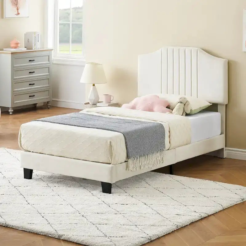 Cadre de lit une place pour enfants, sommier plateforme rembourré avec tête de lit