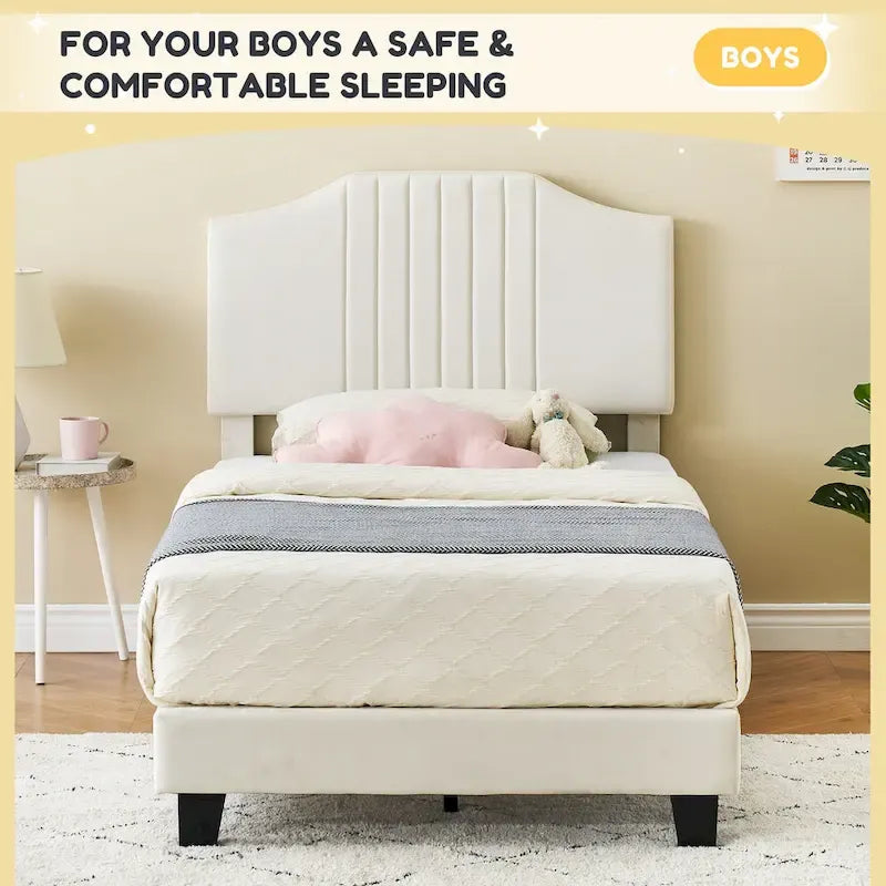 Cadre de lit une place pour enfants, sommier plateforme rembourré avec tête de lit