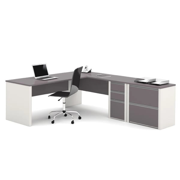 Poste de travail en L avec bureau informatique et caisson latéral
