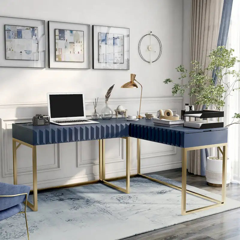 Bureau d'ordinateur en L style Glam Metal avec plateau relevable et ports USB