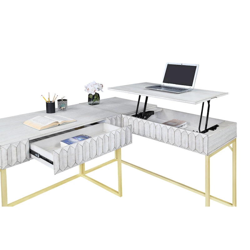 Bureau d'ordinateur en L style Glam Metal avec plateau relevable et ports USB