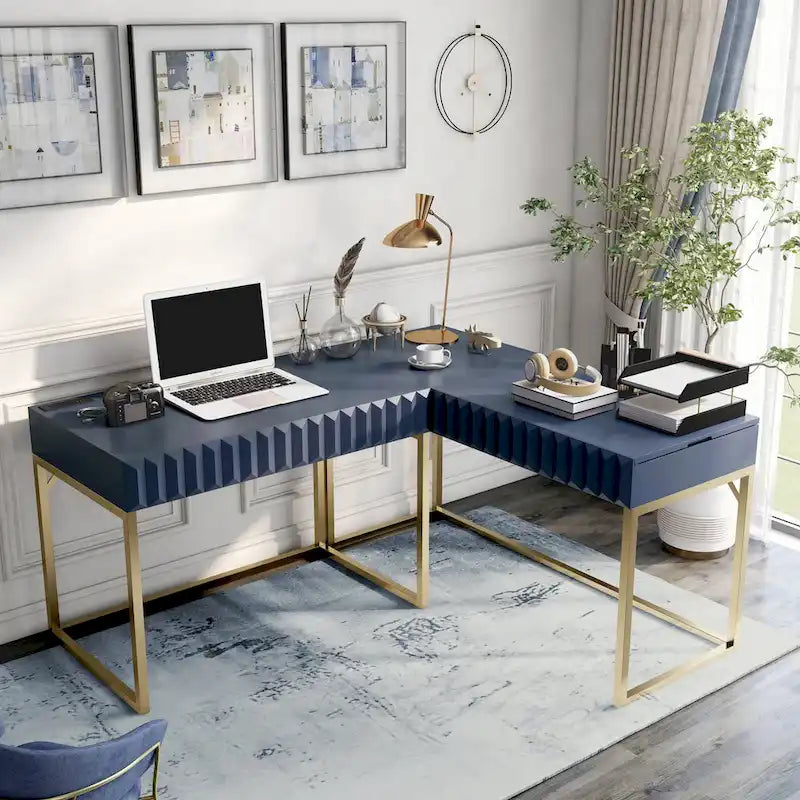 Bureau d'ordinateur en L style Glam Metal avec plateau relevable et ports USB