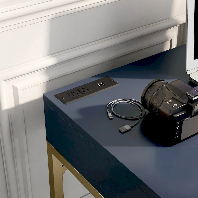 Bureau d'ordinateur en L style Glam Metal avec plateau relevable et ports USB