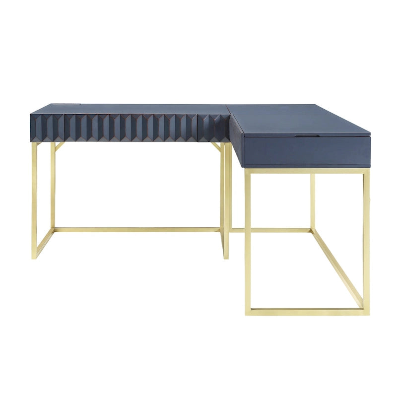 Bureau d'ordinateur en L style Glam Metal avec plateau relevable et ports USB