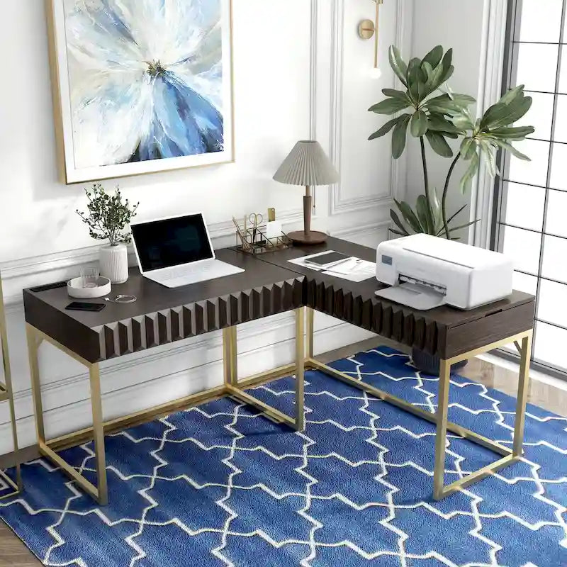 Bureau d'ordinateur en L style Glam Metal avec plateau relevable et ports USB