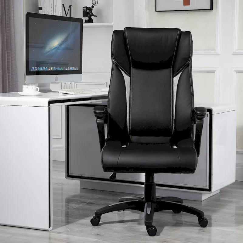 Chaise de bureau ergonomique, hauteur réglable, revêtement en similicuir, fonction bascule, pivotante à 360°, siège de travail pour la maison, noir