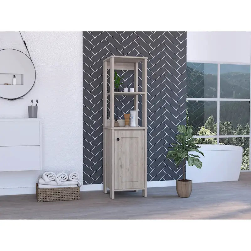 Meuble de rangement pour salle de bain avec quatre étagères et un compartiment à porte unique