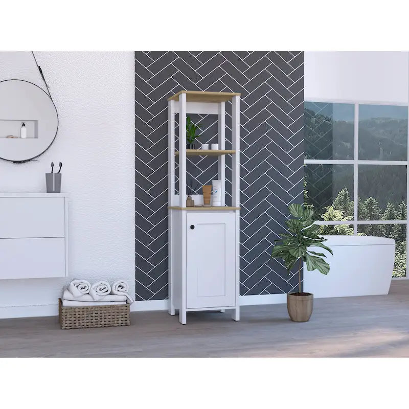Meuble de rangement pour salle de bain avec quatre étagères et un compartiment à porte unique