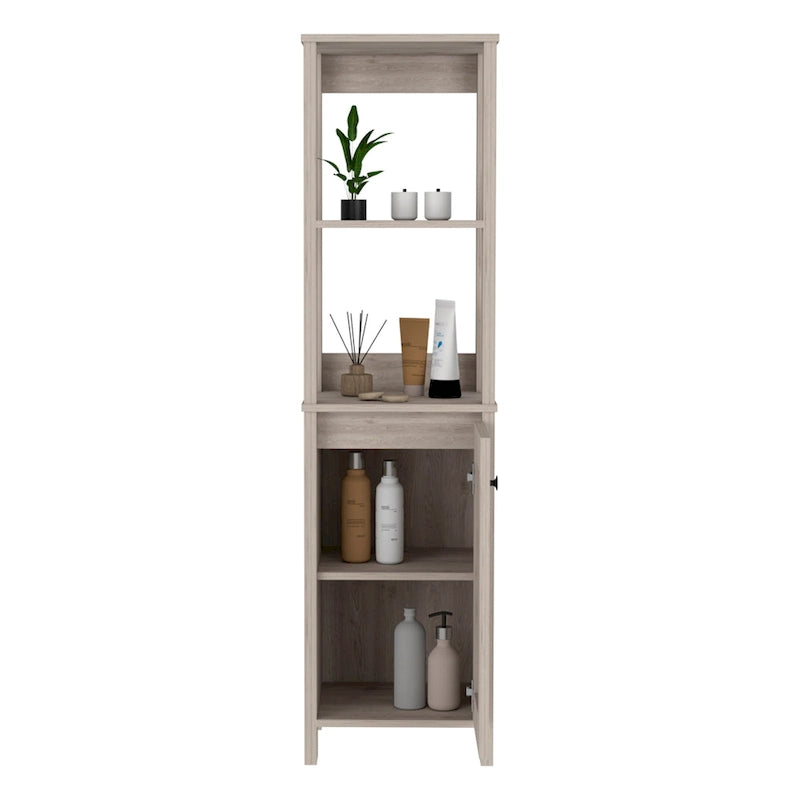 Meuble de rangement pour salle de bain avec quatre étagères et un compartiment à porte unique