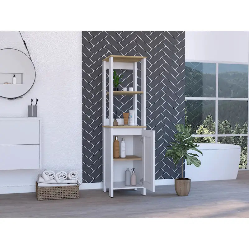 Meuble de rangement pour salle de bain avec quatre étagères et un compartiment à porte unique