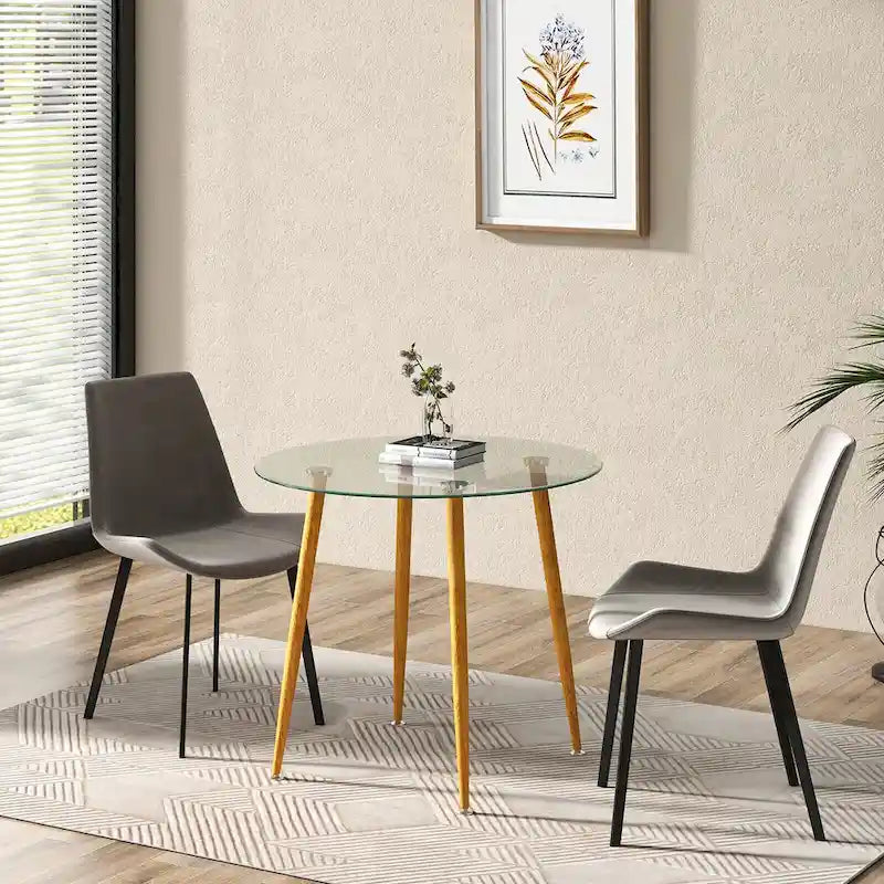Table basse de détente, table de salle à manger ronde en verre avec pieds en métal