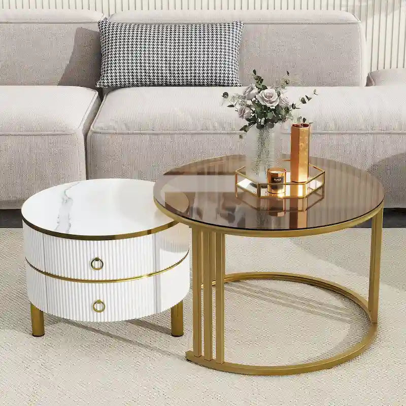 Table basse ronde empilable avec 2 tiroirs