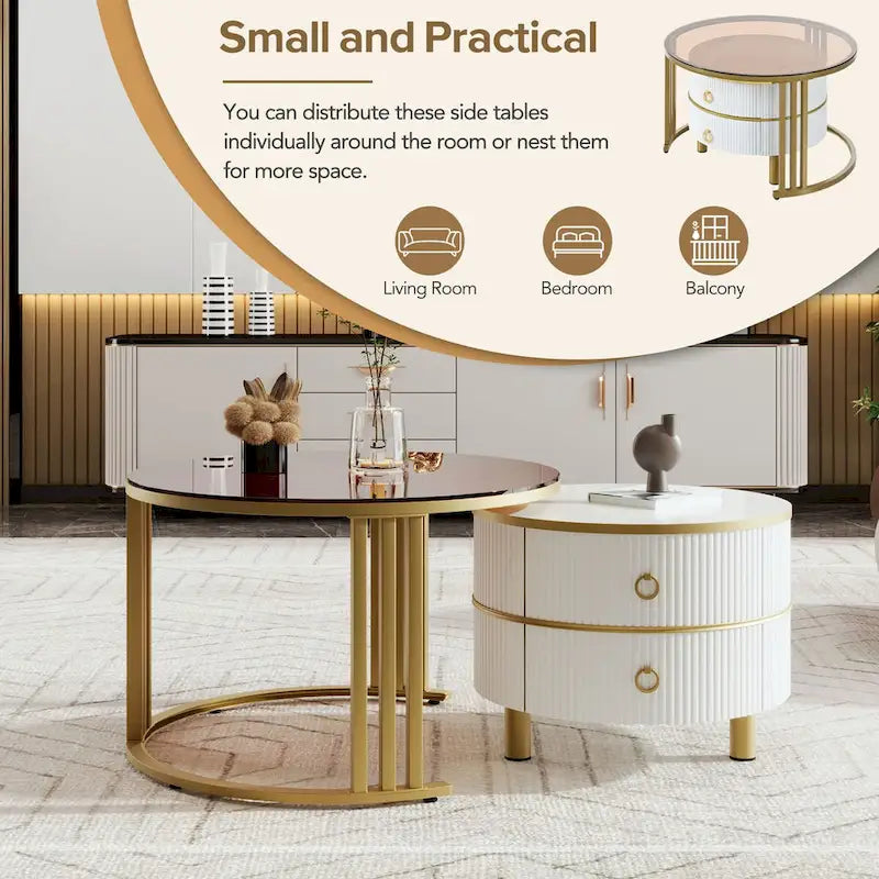 Table basse ronde empilable avec 2 tiroirs