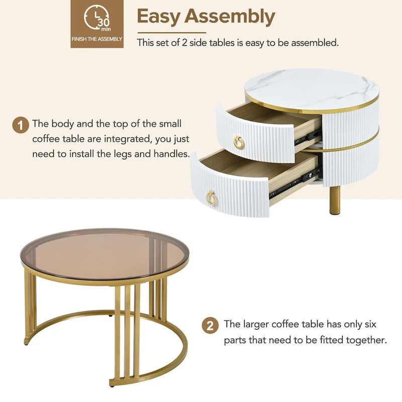 Table basse ronde empilable avec 2 tiroirs