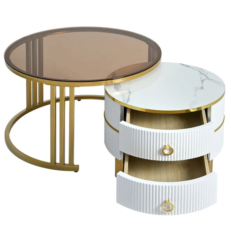 Table basse ronde empilable avec 2 tiroirs