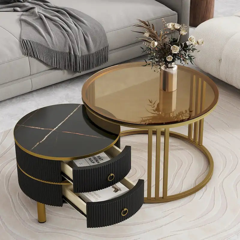 Table basse ronde empilable avec 2 tiroirs