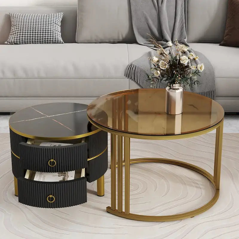Table basse ronde empilable avec 2 tiroirs