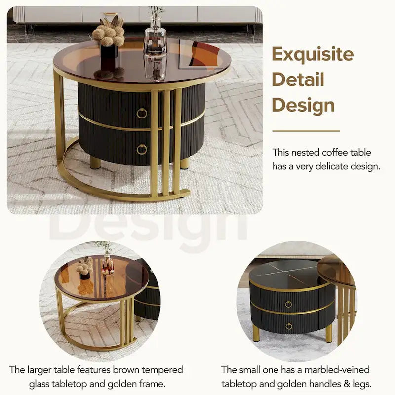 Table basse ronde empilable avec 2 tiroirs