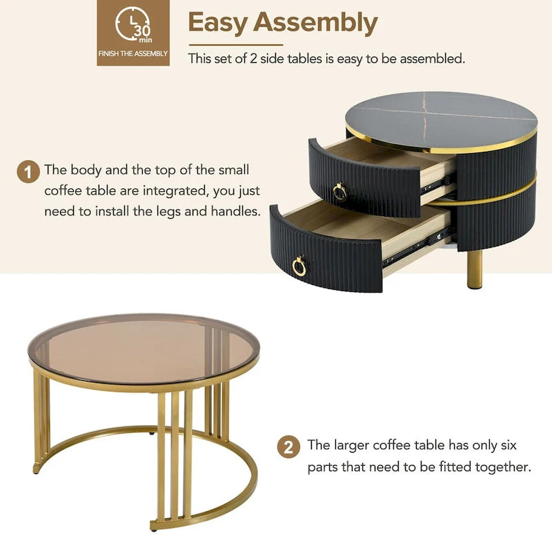 Table basse ronde empilable avec 2 tiroirs