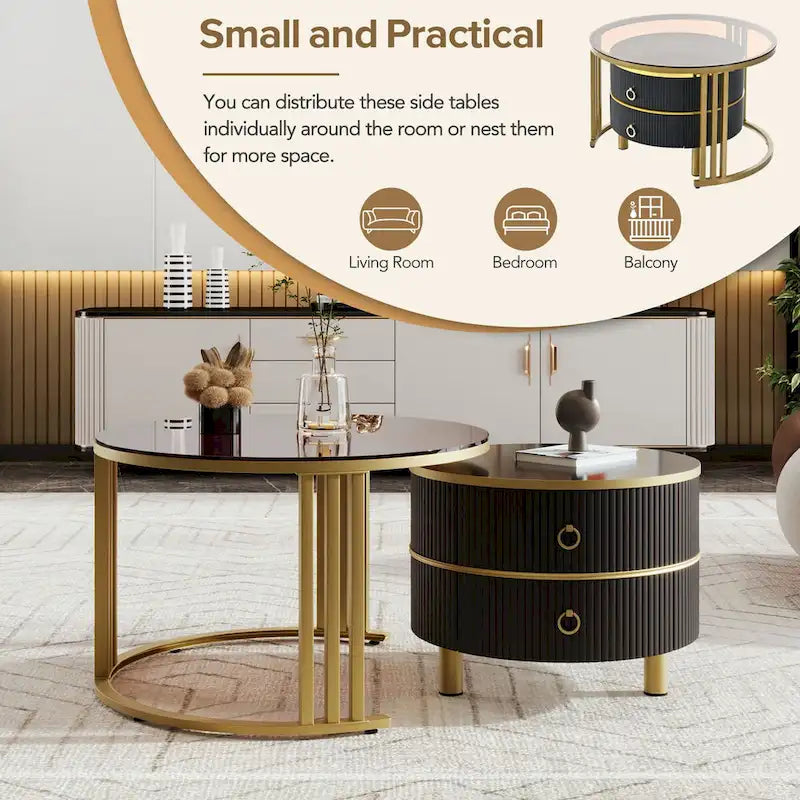 Table basse ronde empilable avec 2 tiroirs