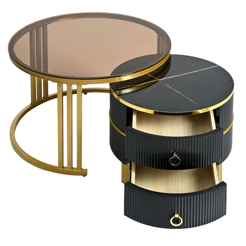 Table basse ronde empilable avec 2 tiroirs