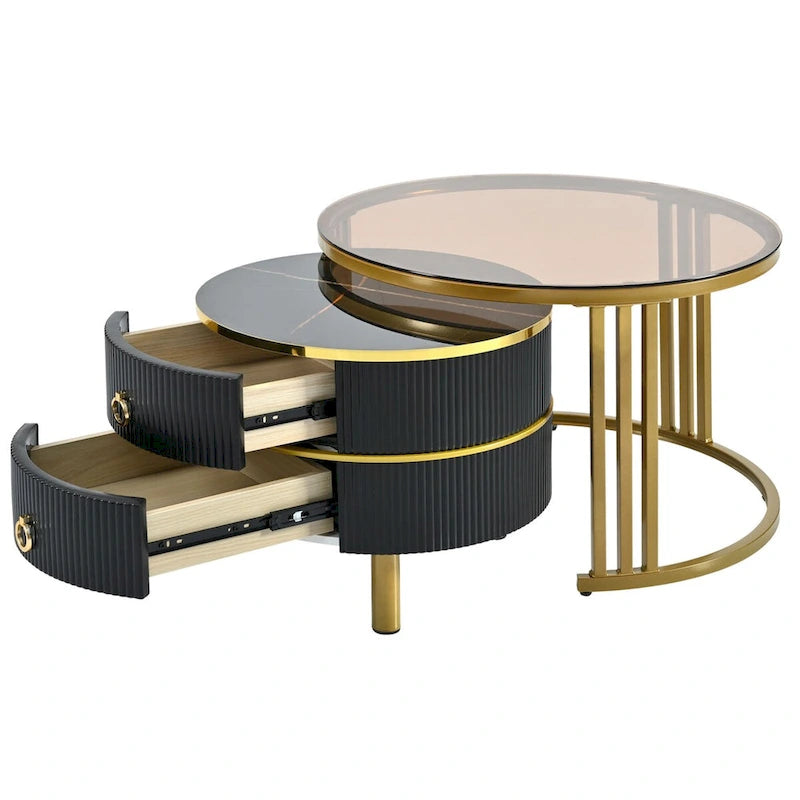 Table basse ronde empilable avec 2 tiroirs