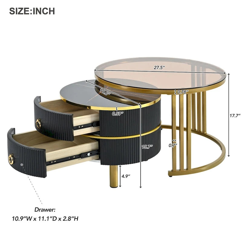Table basse ronde empilable avec 2 tiroirs