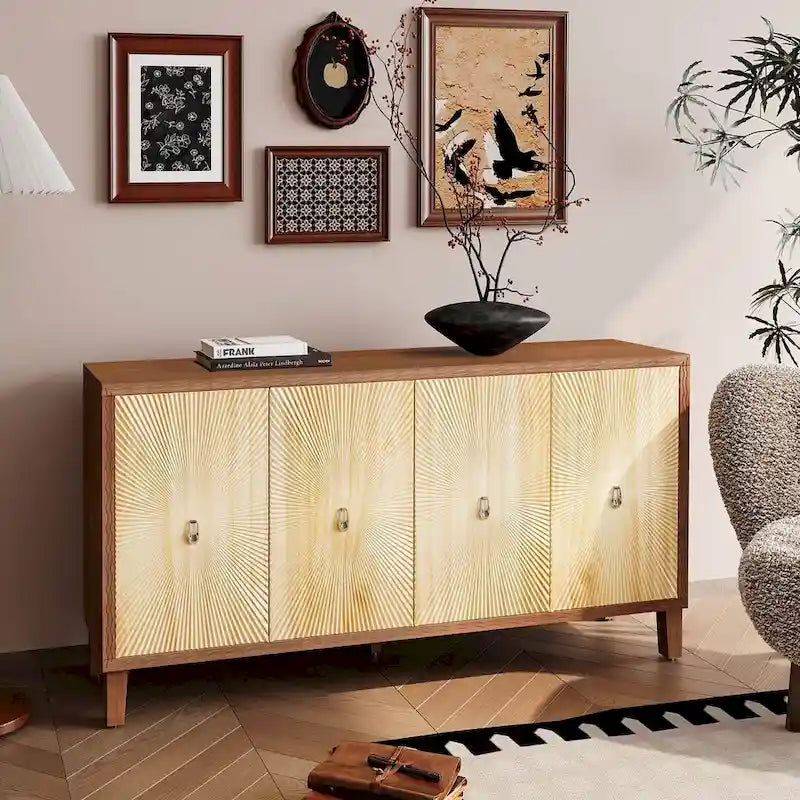 Buffet/armoire vintage 60 pouces à 4 portes avec motifs sculptés