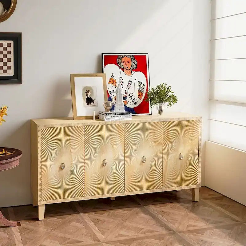 Buffet/armoire vintage 60 pouces à 4 portes avec motifs sculptés