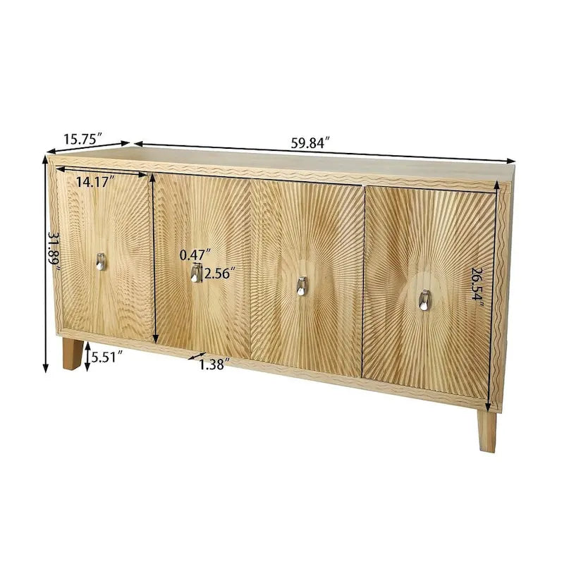 Buffet/armoire vintage 60 pouces à 4 portes avec motifs sculptés