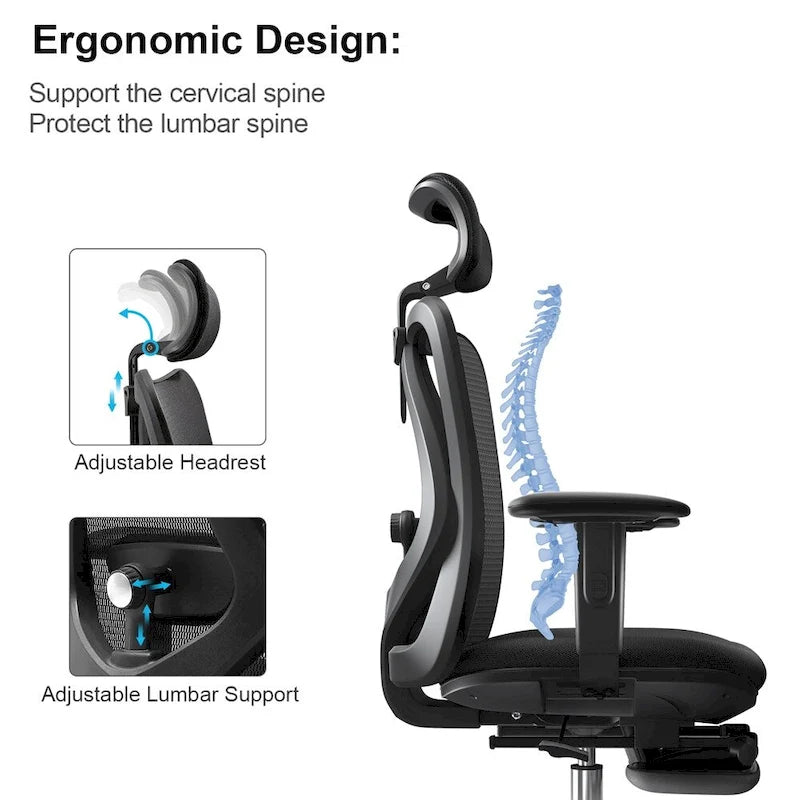 Chaise de bureau ergonomique avec repose-pieds, fauteuil à dossier haut pour personnes de grande taille, noir - 68*70*130