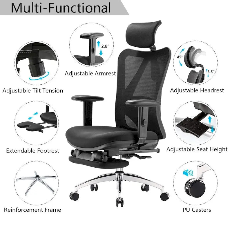Chaise de bureau ergonomique avec repose-pieds, fauteuil à dossier haut pour personnes de grande taille, noir - 68*70*130