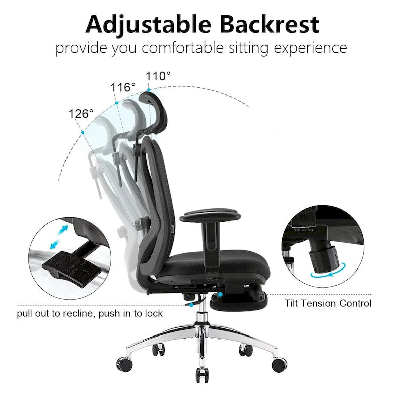 Chaise de bureau ergonomique avec repose-pieds, fauteuil à dossier haut pour personnes de grande taille, noir - 68*70*130