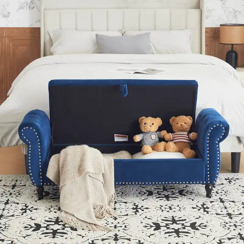 Banc ottoman de rangement multifonctionnel en velours traditionnel avec coussin